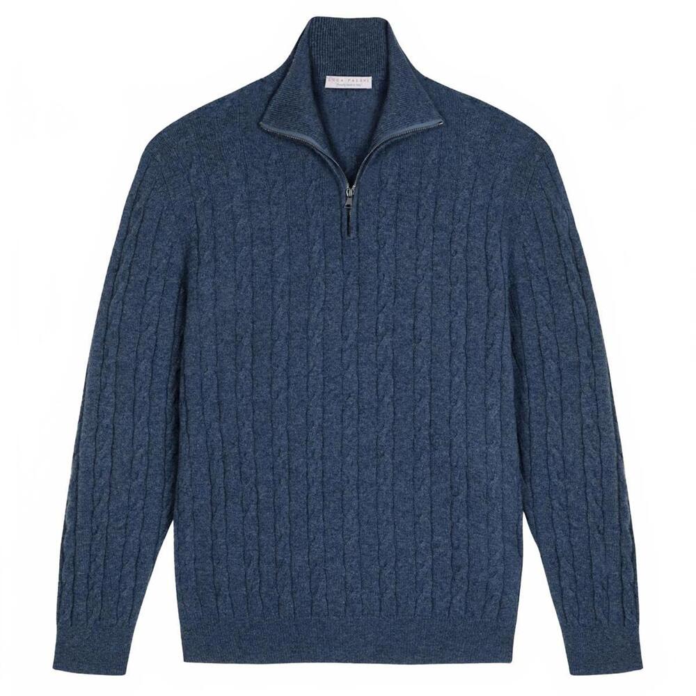 Luca Faloni Cashmere Cable Knit 1/4 Zip Sweater Italy Atlantic Blue Men's Medium